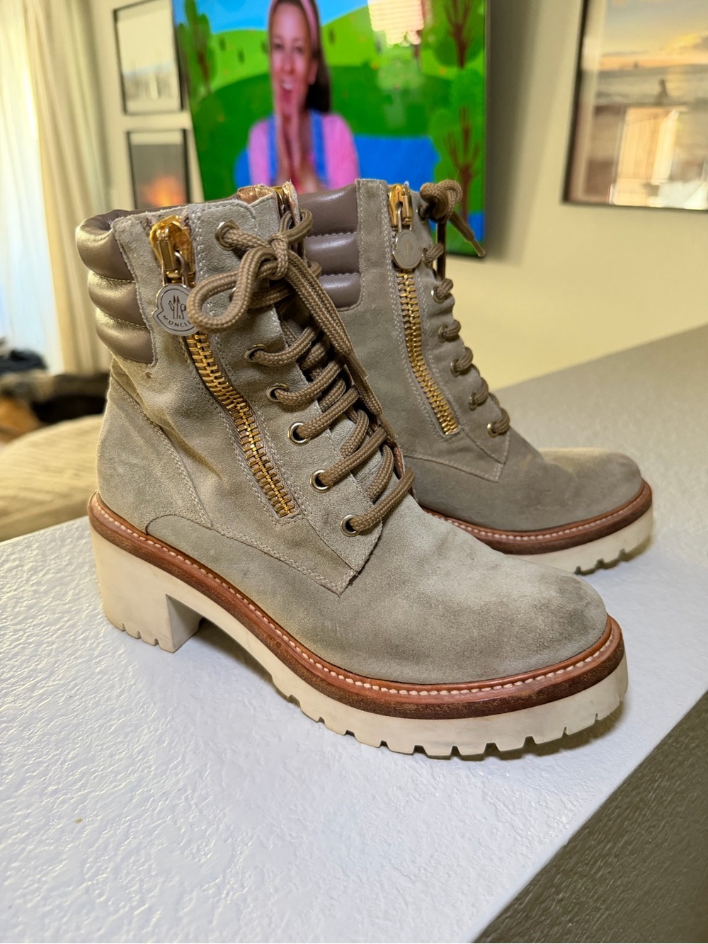 Moncler Taupe Suede Lace-Up Lug Heel Boots